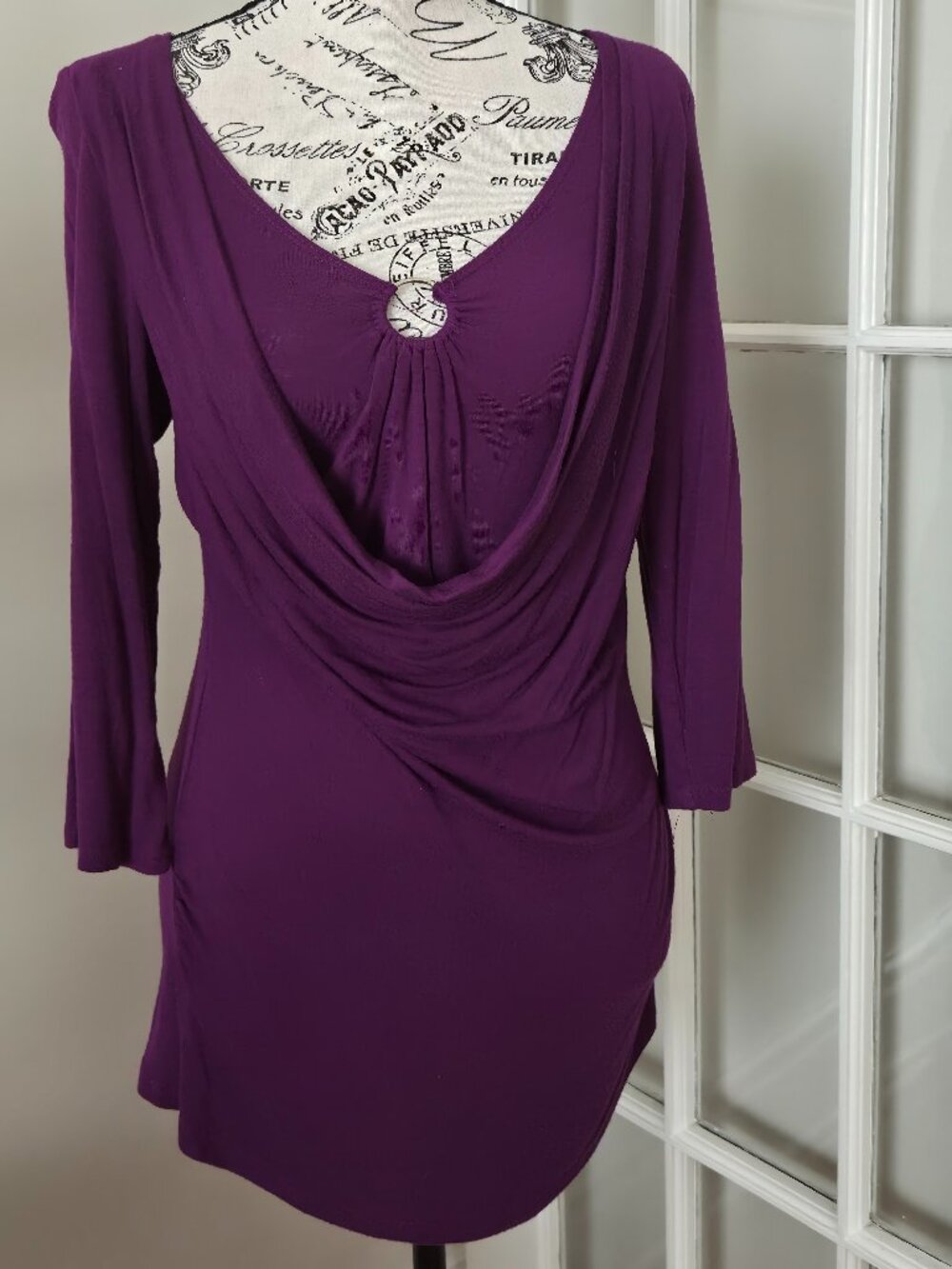A'gaci Purple Draped Cowl Neck Ring Detail 3/4 Sleeve Top